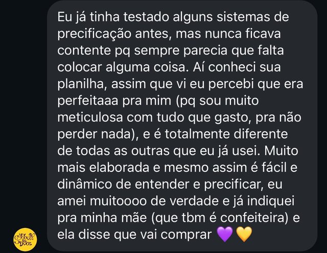 Print de conversa de uma cliente dizendo que já tinha testado outros sistemas de precificação e indicou o Lapetite pra mãe dela, que também é confeiteira